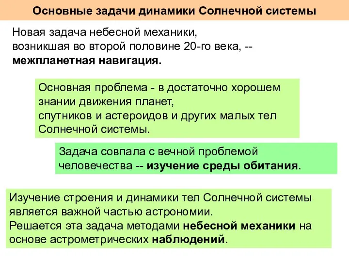 Основные задачи динамики Солнечной системы Новая задача небесной механики, возникшая во