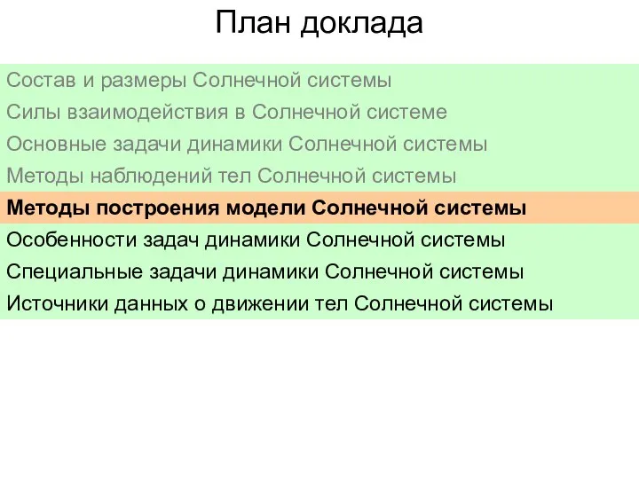 План доклада Состав и размеры Солнечной системы Силы взаимодействия в Солнечной