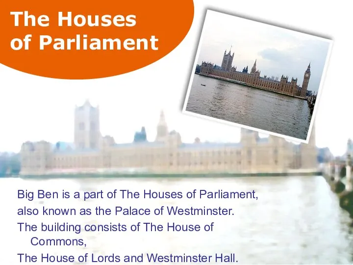 The Houses of Parliament Big Ben is a part of The
