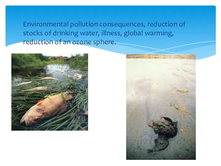 Environmental pollution consequences, reduction of stocks of drinking water, illness, global