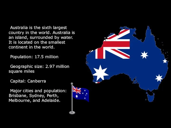 Australia is the sixth largest country in the world. Australia is