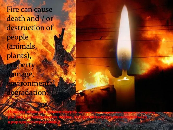 Пожежа може викликати смерть та / або ушкодження людей (тварин, рослин),