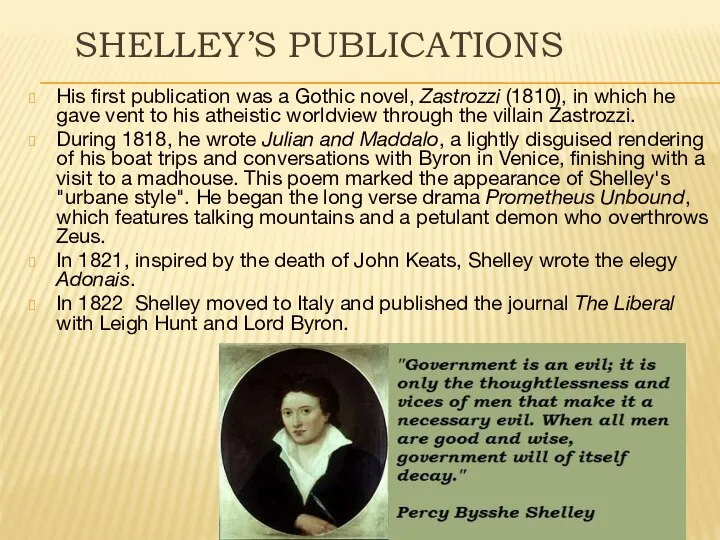 Shelley’s publications His first publication was a Gothic novel, Zastrozzi (1810),