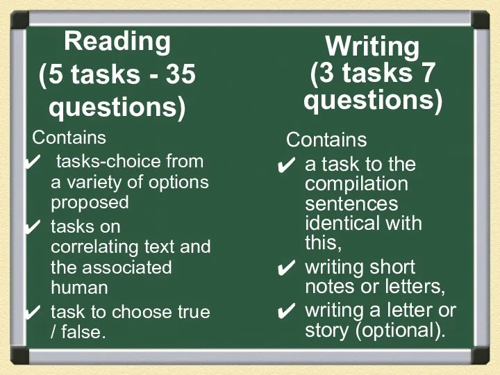 Reading (5 tasks - 35 questions) Contains tasks-choice from a variety