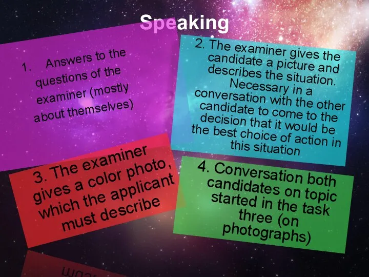 Speaking Answers to the questions of the examiner (mostly about themselves)