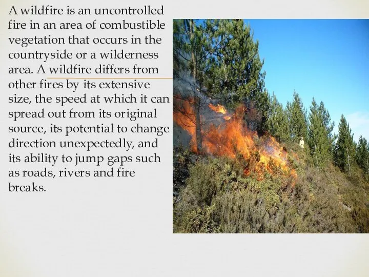 A wildfire is an uncontrolled fire in an area of combustible