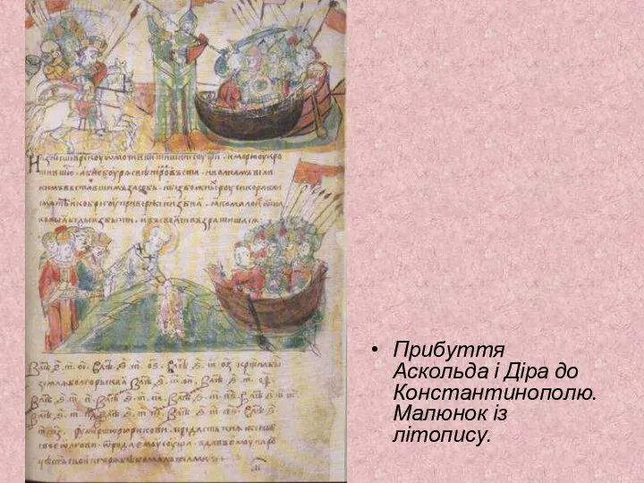 Прибуття Аскольда і Діра до Константинополю. Малюнок із літопису.