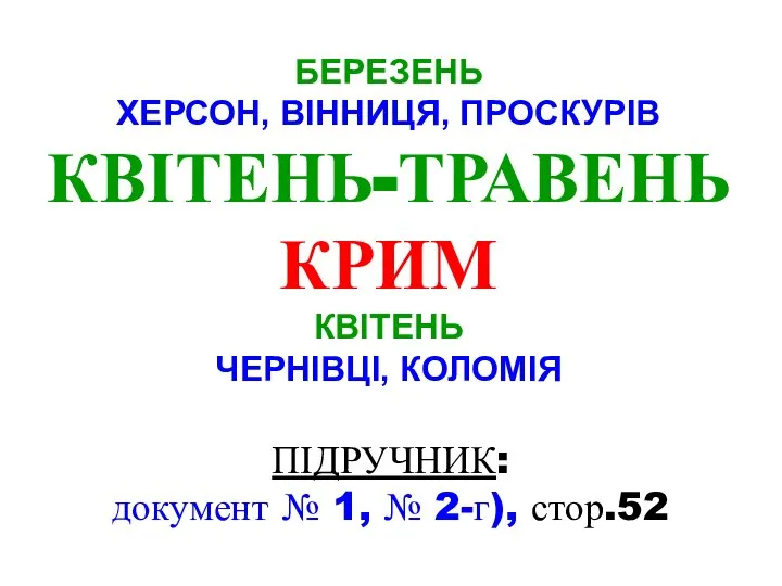 БЕРЕЗЕНЬ ХЕРСОН, ВІННИЦЯ, ПРОСКУРІВ КВІТЕНЬ-ТРАВЕНЬ КРИМ КВІТЕНЬ ЧЕРНІВЦІ, КОЛОМІЯ ПІДРУЧНИК: документ № 1, № 2-г), стор.52