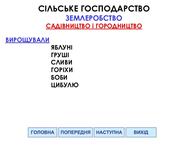 ГОЛОВНА НАСТУПНА ВИХІД ПОПЕРЕДНЯ СІЛЬСЬКЕ ГОСПОДАРСТВО ЗЕМЛЕРОБСТВО САДІВНИЦТВО і ГОРОДНИЦТВО ВИРОЩУВАЛИ