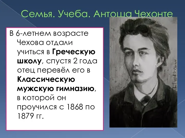 Семья. Учеба. Антоша Чехонте В 6-летнем возрасте Чехова отдали учиться в