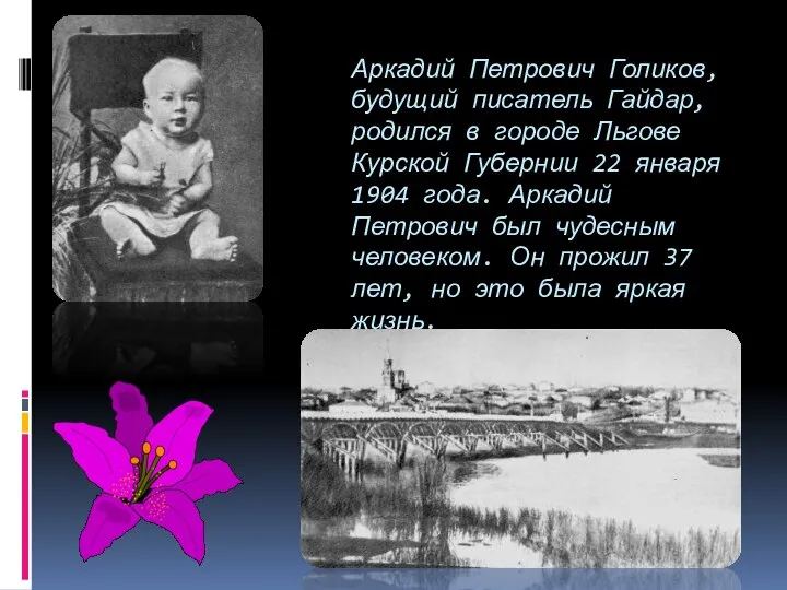 Аркадий Петрович Голиков, будущий писатель Гайдар, родился в городе Льгове Курской