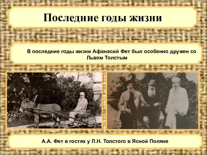 Последние годы жизни В последние годы жизни Афанасий Фет был особенно