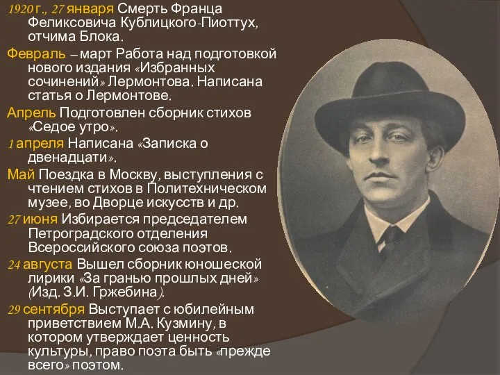 1920 г., 27 января Смерть Франца Феликсовича Кублицкого-Пиоттух, отчима Блока. Февраль