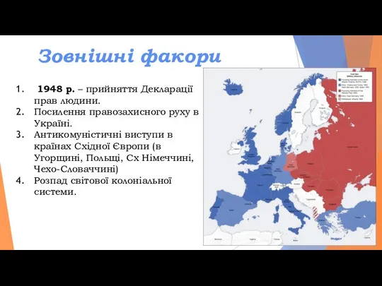 Зовнішні факори 1948 р. – прийняття Декларації прав людини. Посилення правозахисного