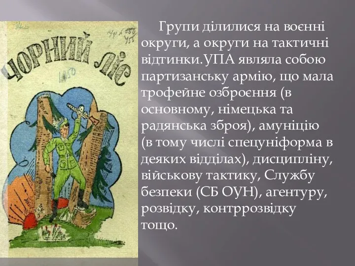 Групи ділилися на воєнні округи, а округи на тактичні відтинки.УПА являла