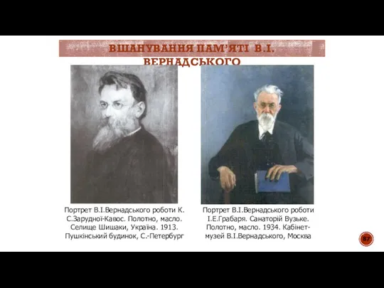 ВШАНУВАННЯ ПАМ’ЯТІ В.І.ВЕРНАДСЬКОГО Портрет В.І.Вернадського роботи К.С.Зарудної-Кавос. Полотно, масло. Селище Шишаки,