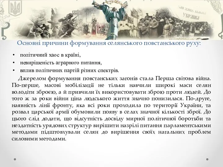 Основні причини формування селянського повстанського руху: політичний хаос в країні, невирішеність