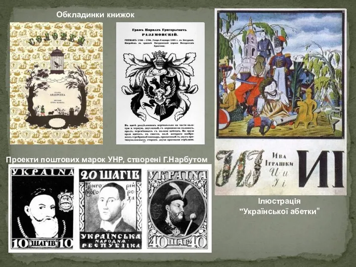 Обкладинки книжок Ілюстрація "Української абетки" Проекти поштових марок УНР, створені Г.Нарбутом