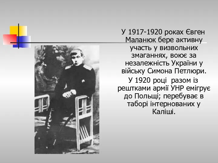 У 1917-1920 роках Євген Маланюк бере активну участь у визвольних змаганнях,