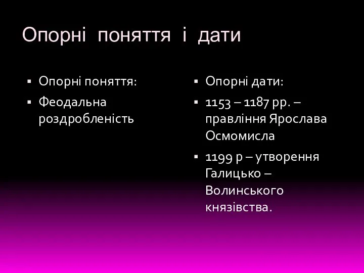 Опорні поняття і дати Опорні поняття: Феодальна роздробленість Опорні дати: 1153