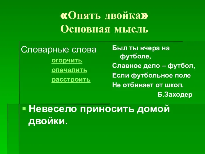 «Опять двойка» Основная мысль Словарные слова огорчить опечалить расстроить Был ты