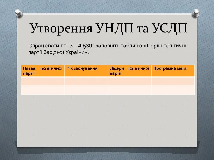 Утворення УНДП та УСДП Опрацювати пп. 3 – 4 §30 і