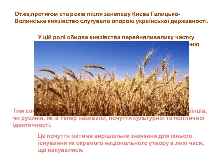 Отже,протягом ста років після занепаду Києва Галицько-Волинське князівство слугувало опорою української