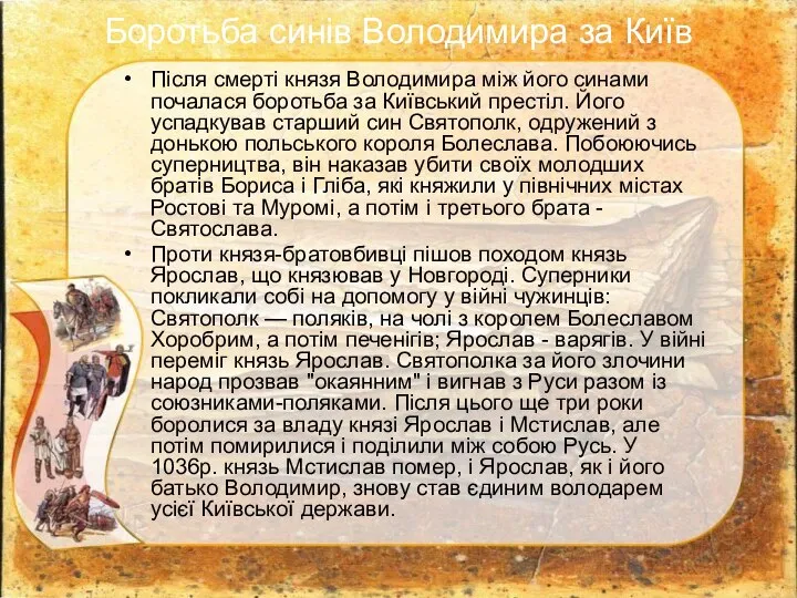 Боротьба синів Володимира за Київ Після смерті князя Володимира між його