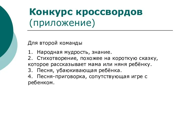 Конкурс кроссвордов (приложение) Для второй команды 1. Народная мудрость, знание. 2.