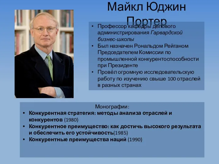 Майкл Юджин Портер Профессор кафедры делового администрирования Гарвардской бизнес-школы Был назначен