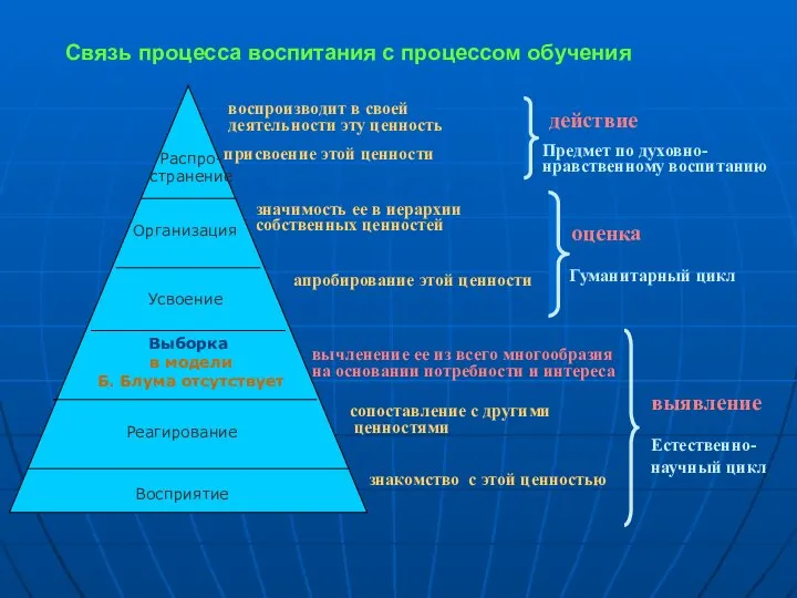 Распро- странение Организация Усвоение Реагирование Восприятие Выборка в модели Б. Блума