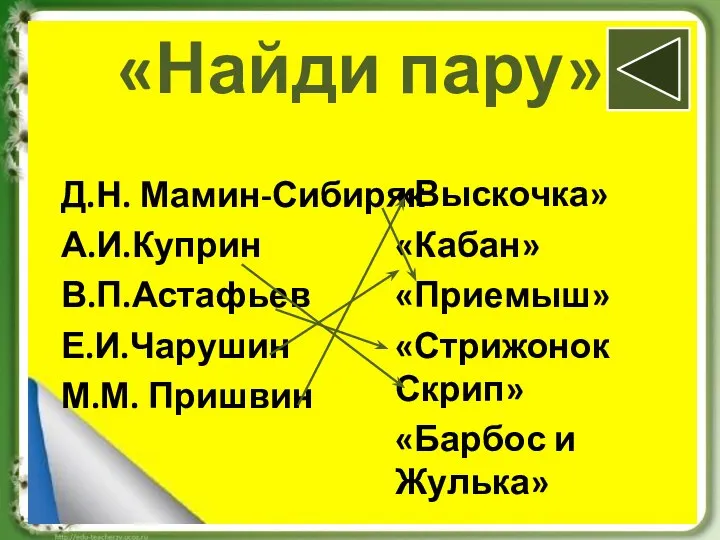 «Найди пару» Д.Н. Мамин-Сибиряк А.И.Куприн В.П.Астафьев Е.И.Чарушин М.М. Пришвин «Выскочка» «Кабан»