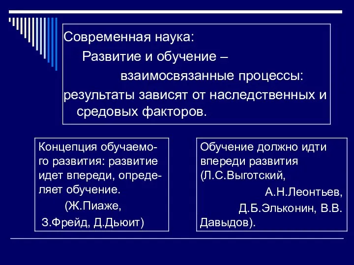 Современная наука: Развитие и обучение – взаимосвязанные процессы: результаты зависят от наследственных и средовых факторов.