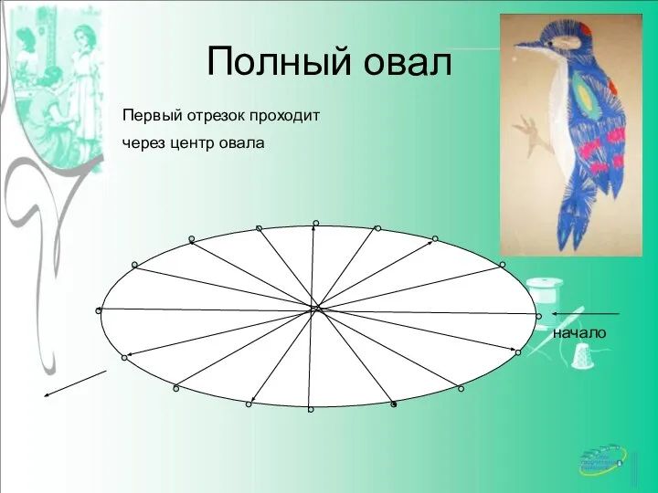 Полный овал Первый отрезок проходит через центр овала начало