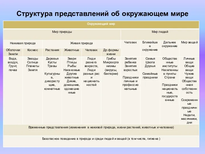 Структура представлений об окружающем мире