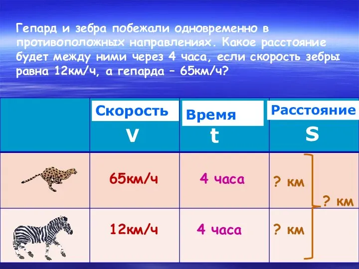 65км/ч 12км/ч 4 часа 4 часа ? км ? км Гепард