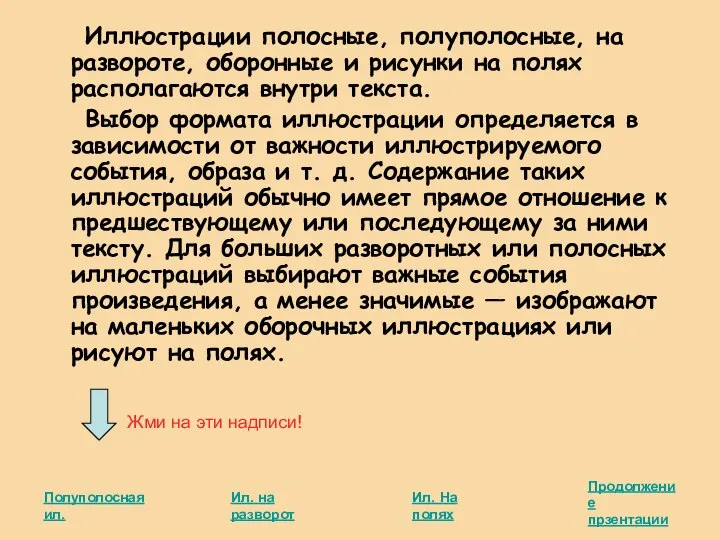 Иллюстрации полосные, полуполосные, на развороте, оборонные и рисунки на полях располагаются