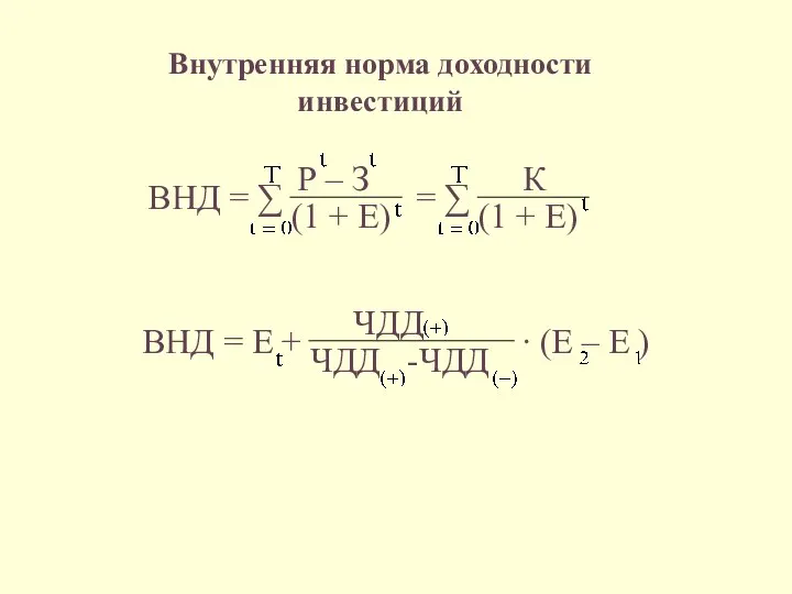 Внутренняя норма доходности инвестиций ВНД = ∑ Р – З (1