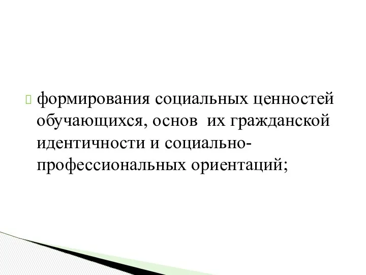 формирования социальных ценностей обучающихся, основ их гражданской идентичности и социально-профессиональных ориентаций;