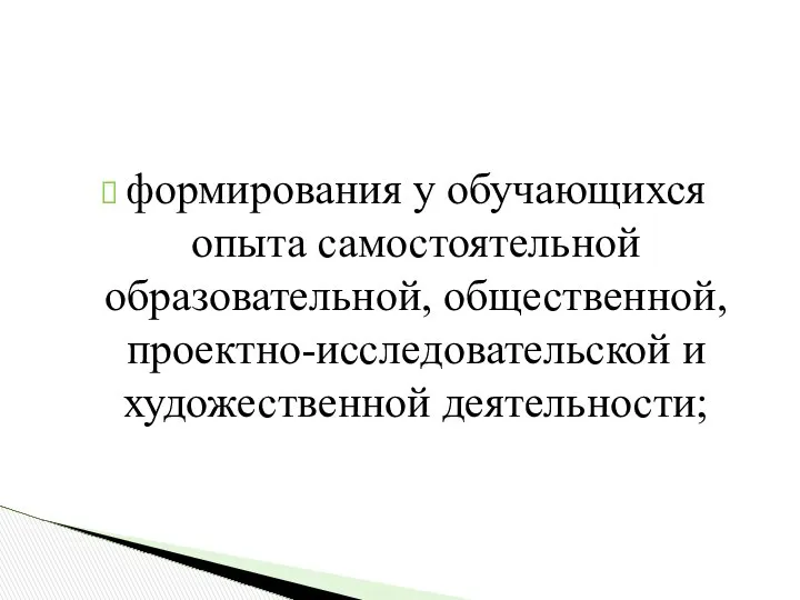 формирования у обучающихся опыта самостоятельной образовательной, общественной, проектно-исследовательской и художественной деятельности;