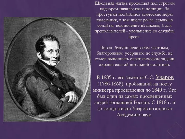 Школьная жизнь проходила под строгим надзором начальства и полиции. За проступки