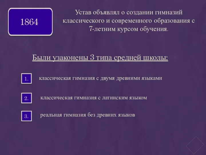 1864 Устав объявлял о создании гимназий классического и современного образования с