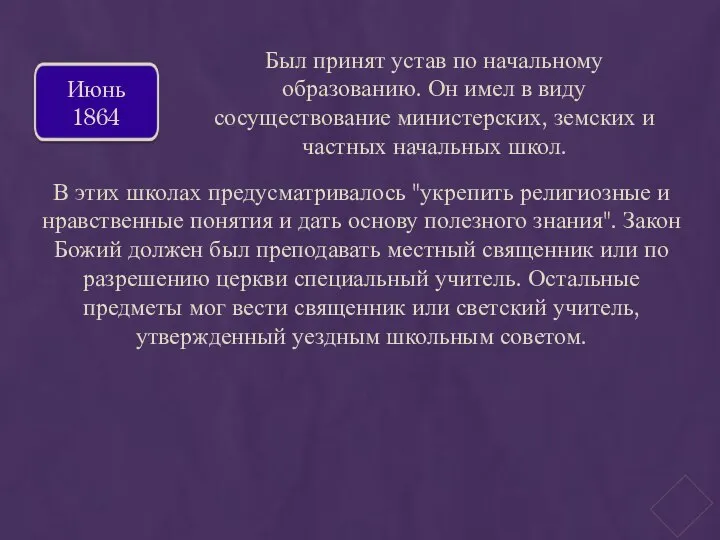 Июнь 1864 Был принят устав по начальному образованию. Он имел в