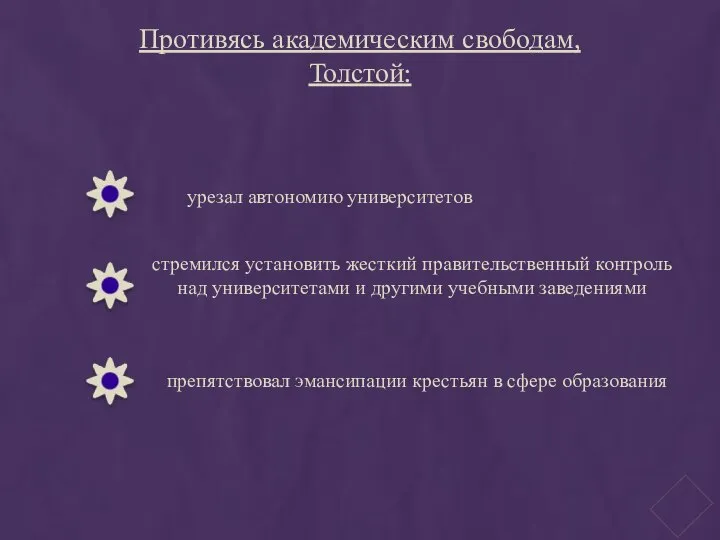 Противясь академическим свободам, Толстой: урезал автономию университетов стремился установить жесткий правительственный