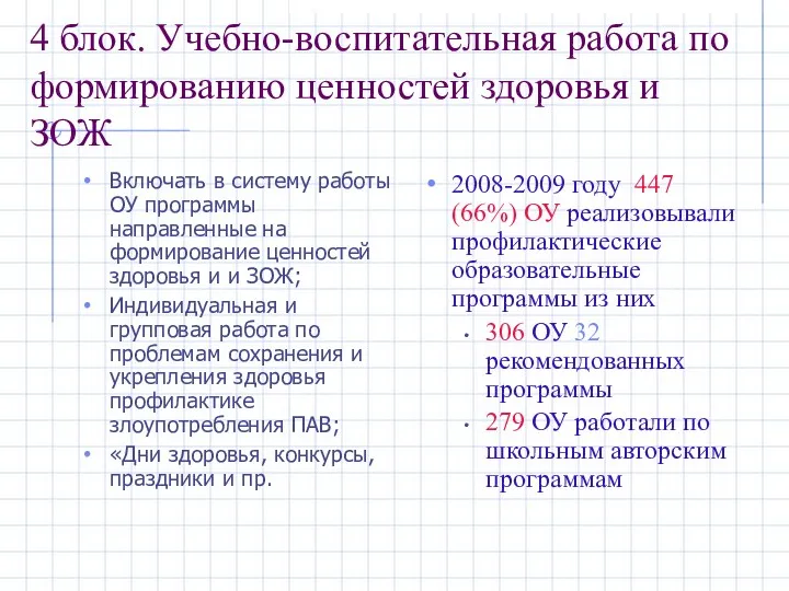 4 блок. Учебно-воспитательная работа по формированию ценностей здоровья и ЗОЖ Включать