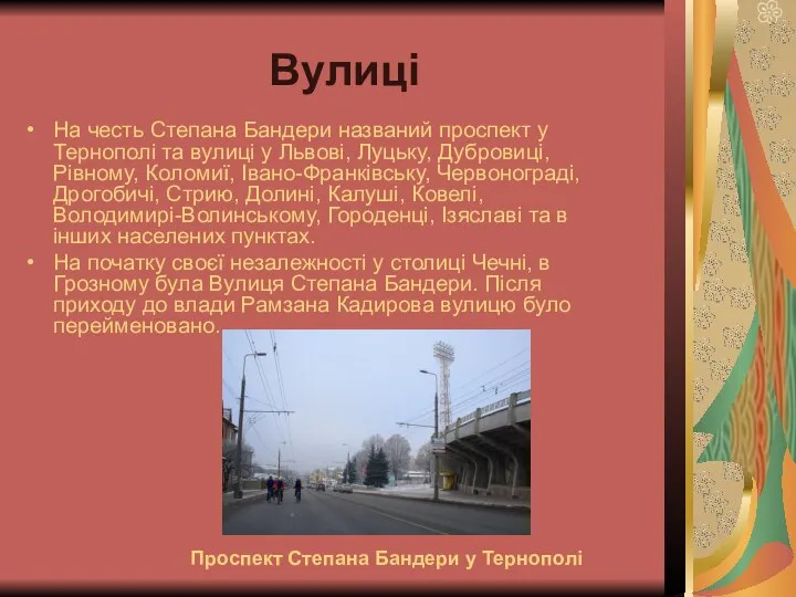 Вулиці На честь Степана Бандери названий проспект у Тернополі та вулиці