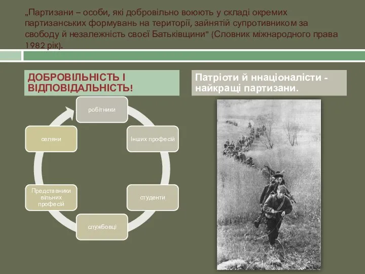 „Партизани – особи, які добровільно воюють у складі окремих партизанських формувань