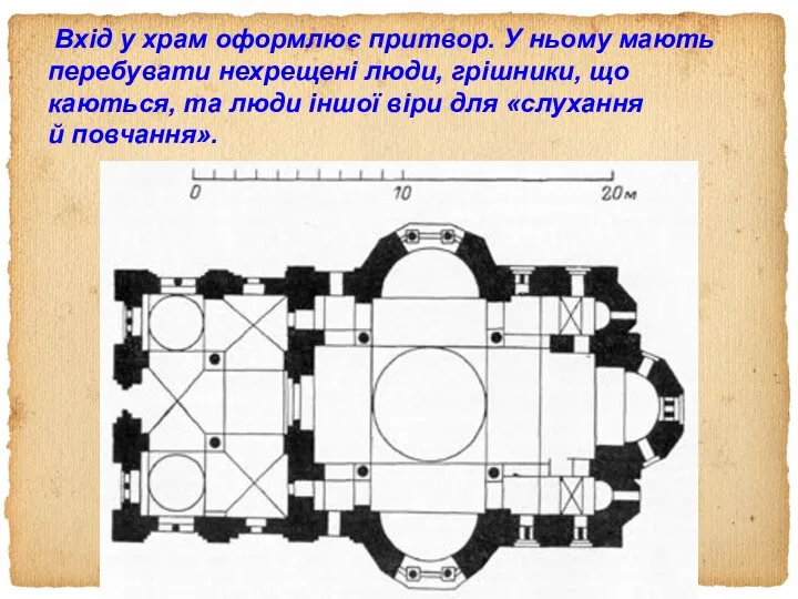 Вхід у храм оформлює притвор. У ньому мають перебувати нехрещені люди,