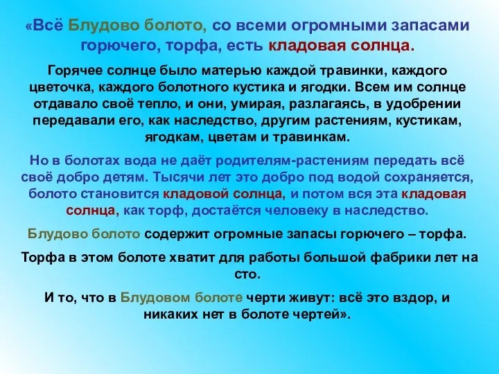 «Всё Блудово болото, со всеми огромными запасами горючего, торфа, есть кладовая