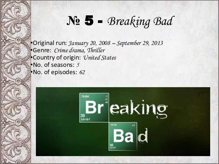 № 5 - Breaking Bad Original run: January 20, 2008 –